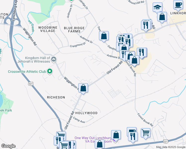 map of restaurants, bars, coffee shops, grocery stores, and more near 3600 Old Forest Road in Lynchburg