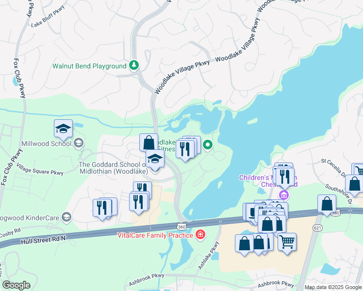 map of restaurants, bars, coffee shops, grocery stores, and more near 14741 Meyer Cove Drive in Midlothian