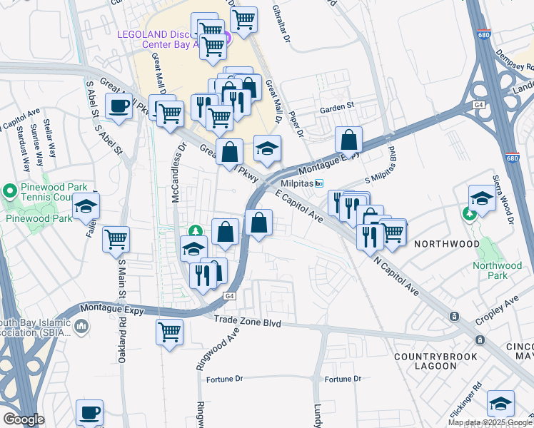 map of restaurants, bars, coffee shops, grocery stores, and more near 380 Riesling Avenue in Milpitas