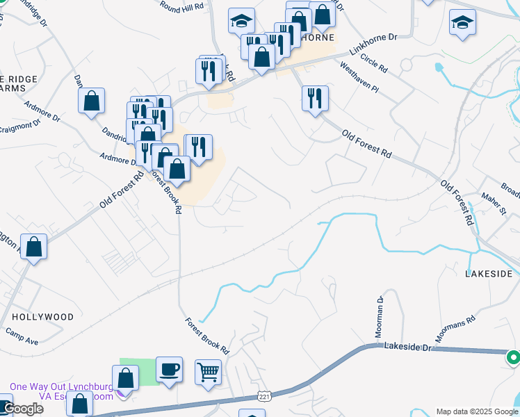 map of restaurants, bars, coffee shops, grocery stores, and more near 309 Belle Terre Drive in Lynchburg