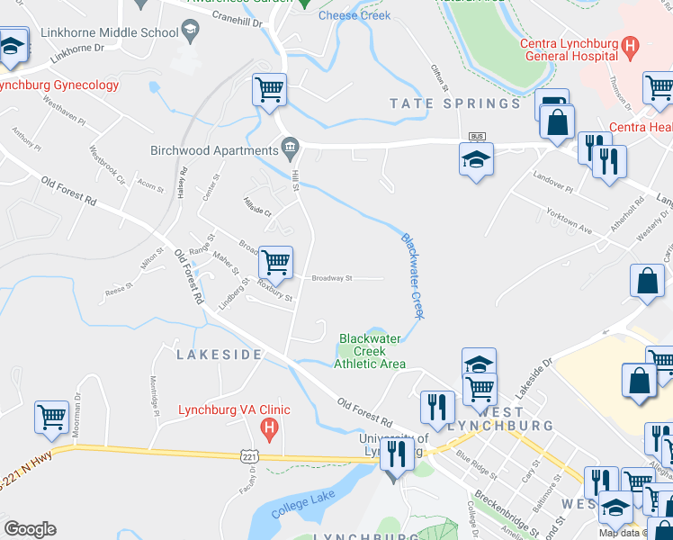 map of restaurants, bars, coffee shops, grocery stores, and more near 1832 Broadway Street in Lynchburg