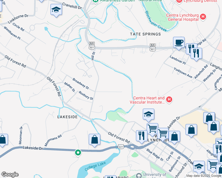 map of restaurants, bars, coffee shops, grocery stores, and more near 1824 Broadway Street in Lynchburg