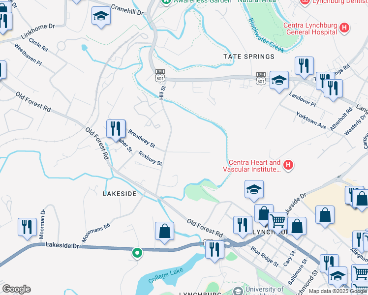 map of restaurants, bars, coffee shops, grocery stores, and more near 1832 Broadway Street in Lynchburg