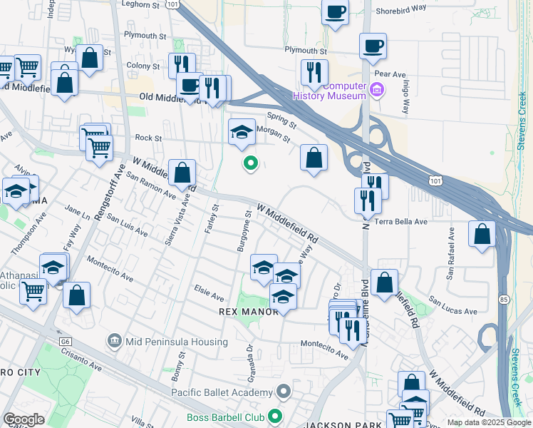 map of restaurants, bars, coffee shops, grocery stores, and more near 1387 West Middlefield Road in Mountain View