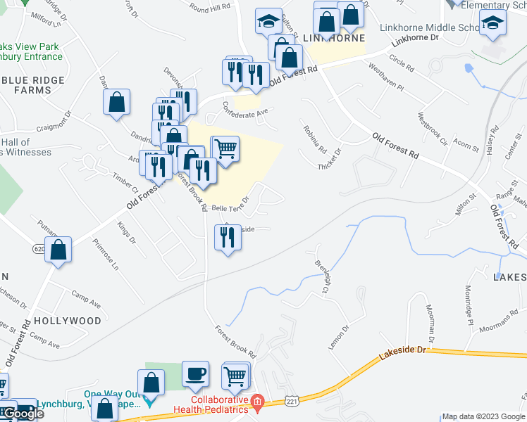 map of restaurants, bars, coffee shops, grocery stores, and more near 8 Midland Avenue in Lynchburg