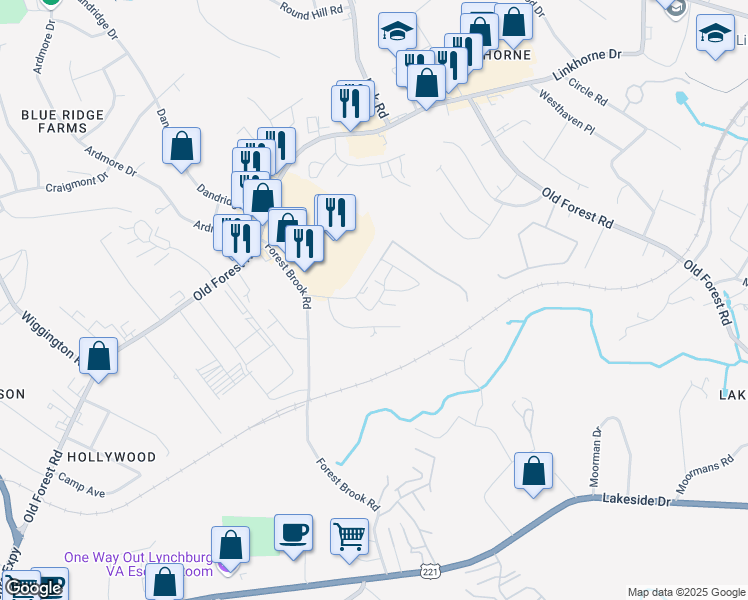 map of restaurants, bars, coffee shops, grocery stores, and more near 202 Fountain Drive in Lynchburg