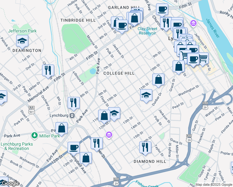 map of restaurants, bars, coffee shops, grocery stores, and more near 921 Taylor Street in Lynchburg
