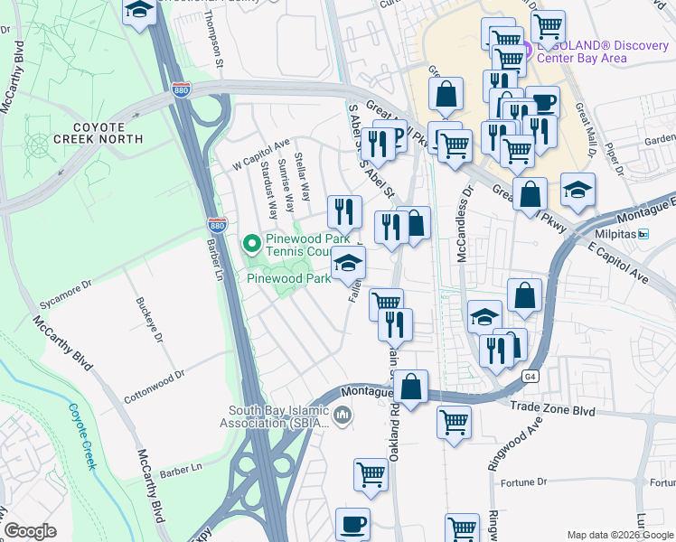 map of restaurants, bars, coffee shops, grocery stores, and more near 1585 Fallen Leaf Drive in Milpitas