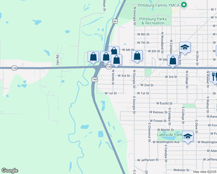 map of restaurants, bars, coffee shops, grocery stores, and more near 1102 West 1st Street in Pittsburg