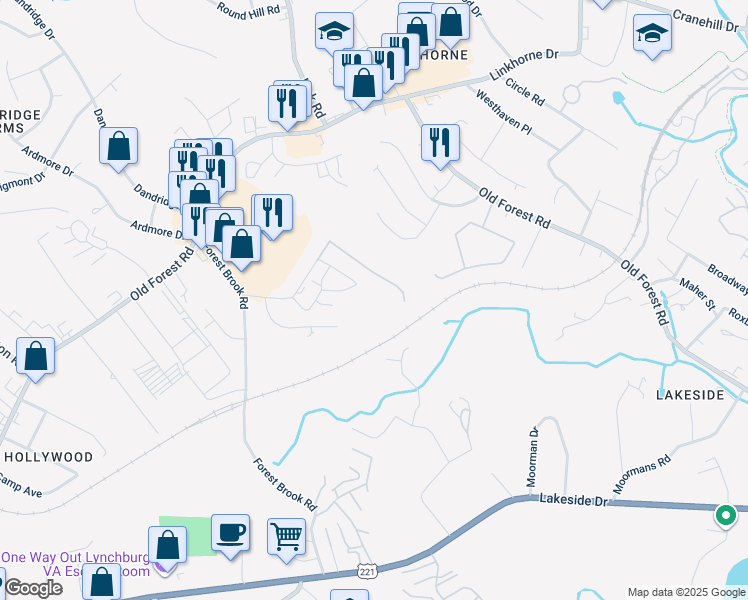 map of restaurants, bars, coffee shops, grocery stores, and more near 104 Meriwether Road in Lynchburg