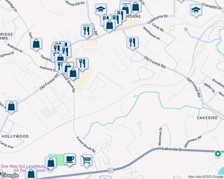 map of restaurants, bars, coffee shops, grocery stores, and more near 102 Meriwether Road in Lynchburg