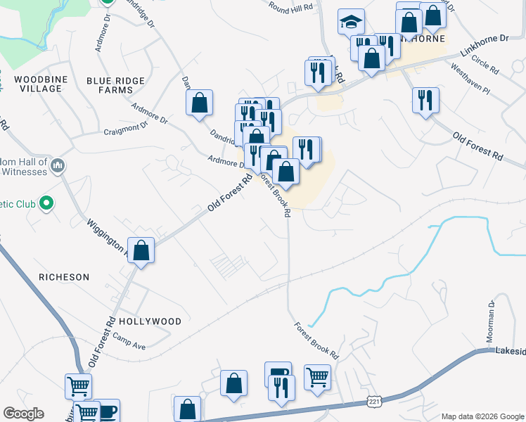 map of restaurants, bars, coffee shops, grocery stores, and more near 106 Holmes Circle in Lynchburg
