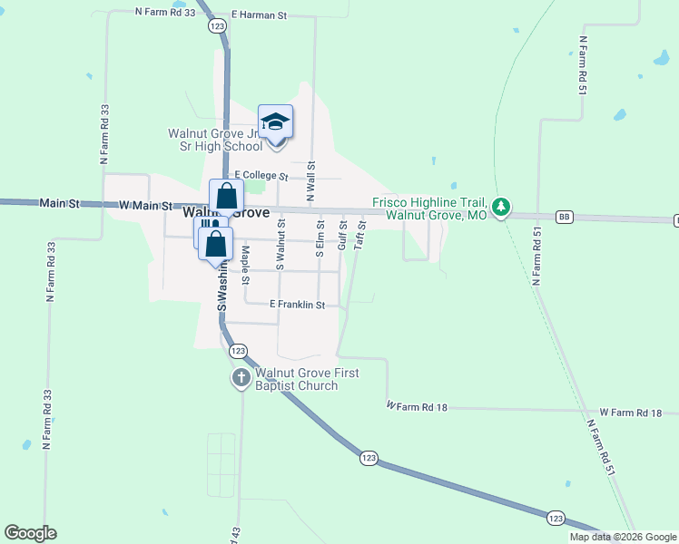 map of restaurants, bars, coffee shops, grocery stores, and more near Gulf St in Walnut Grove