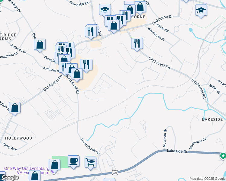 map of restaurants, bars, coffee shops, grocery stores, and more near 307 Belle Terre Drive in Lynchburg
