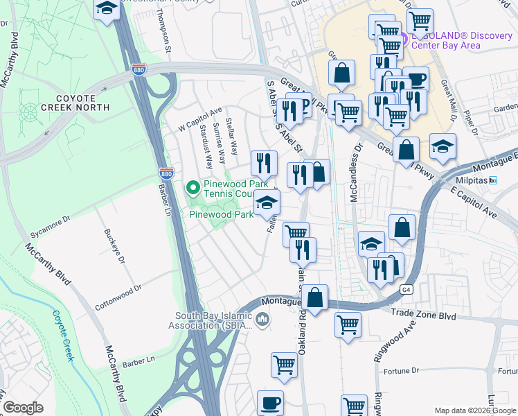 map of restaurants, bars, coffee shops, grocery stores, and more near 1585 Fallen Leaf Drive in Milpitas