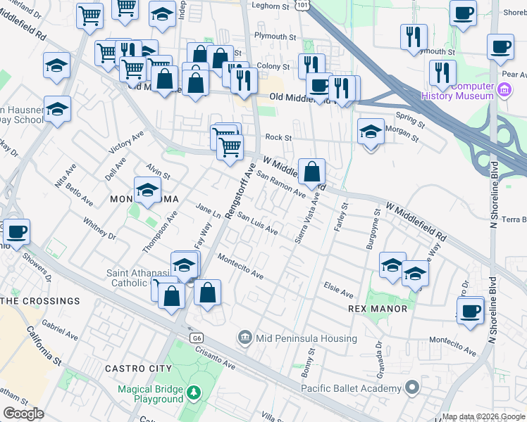 map of restaurants, bars, coffee shops, grocery stores, and more near 2034 San Luis Avenue in Mountain View