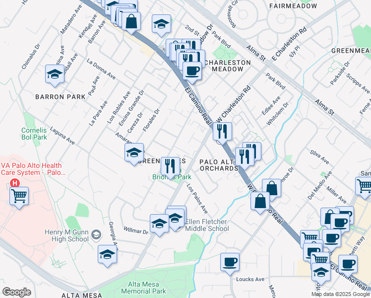 map of restaurants, bars, coffee shops, grocery stores, and more near 574 Arastradero Road in Palo Alto