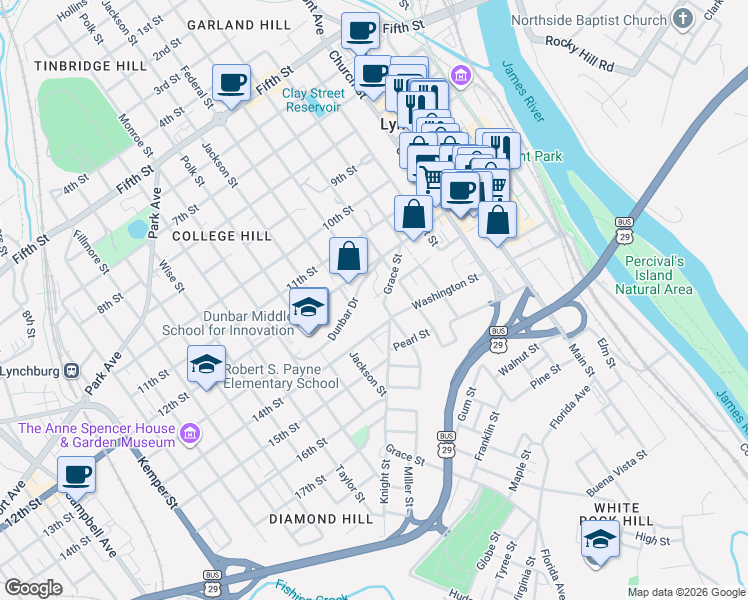map of restaurants, bars, coffee shops, grocery stores, and more near 712 13th Street in Lynchburg