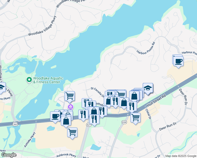 map of restaurants, bars, coffee shops, grocery stores, and more near 14017 Southshore Road in Midlothian