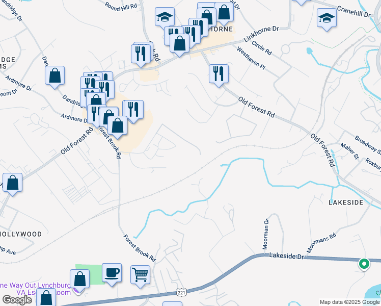map of restaurants, bars, coffee shops, grocery stores, and more near 114 Meriwether Road in Lynchburg