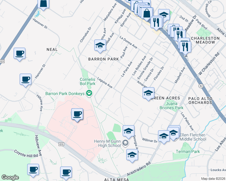 map of restaurants, bars, coffee shops, grocery stores, and more near 3902 Laguna Avenue in Palo Alto