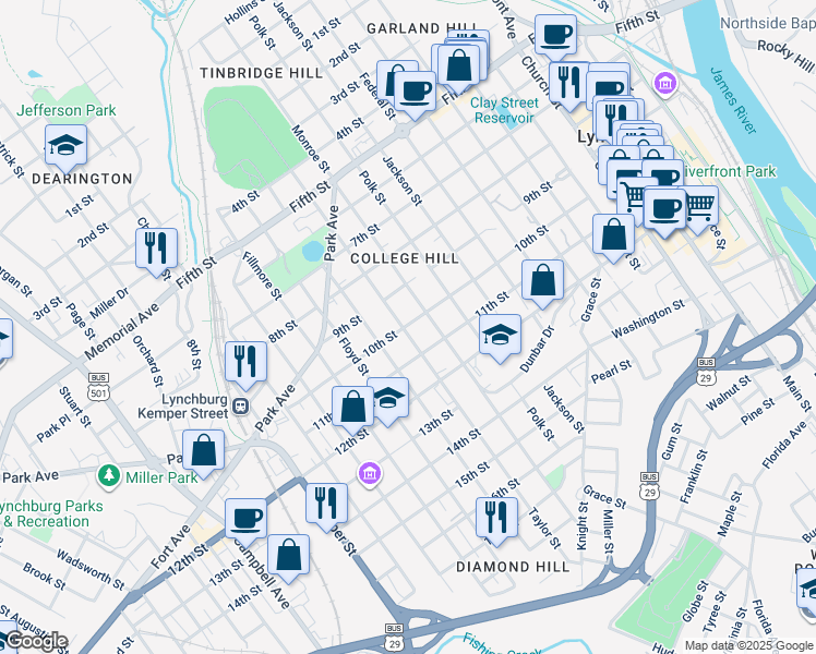 map of restaurants, bars, coffee shops, grocery stores, and more near 1000 Taylor Street in Lynchburg