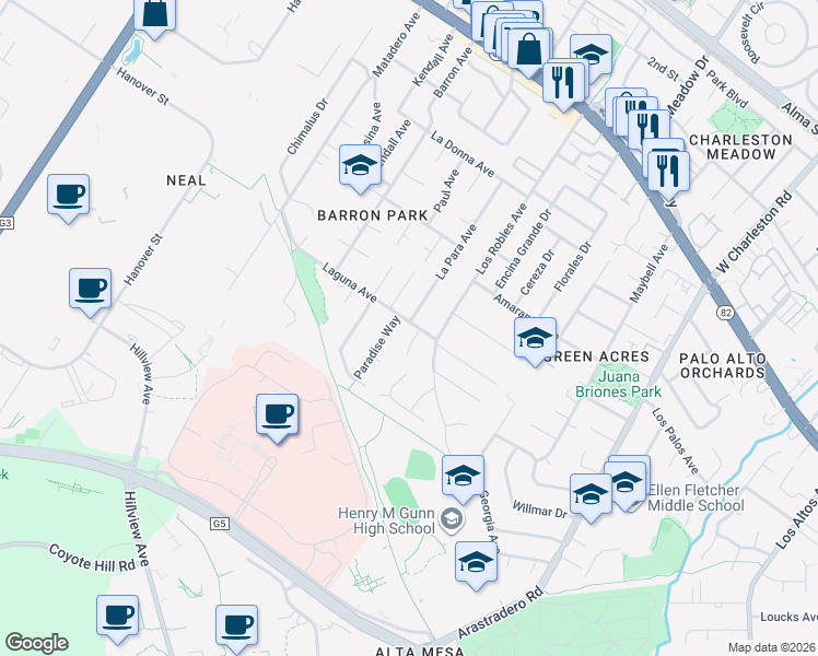 map of restaurants, bars, coffee shops, grocery stores, and more near 3902 Laguna Avenue in Palo Alto