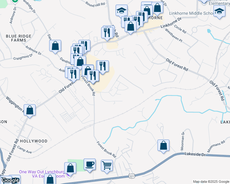 map of restaurants, bars, coffee shops, grocery stores, and more near 208 Fountain Drive in Lynchburg