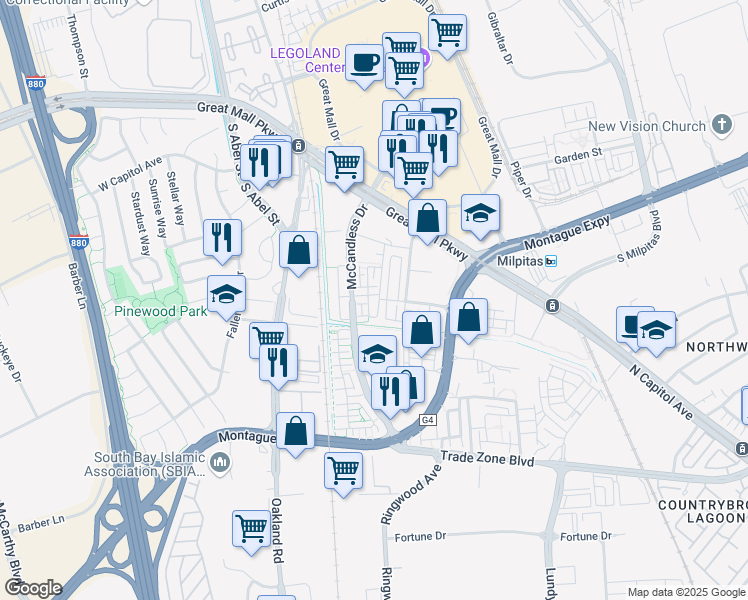 map of restaurants, bars, coffee shops, grocery stores, and more near 158 Newbury Street in Milpitas