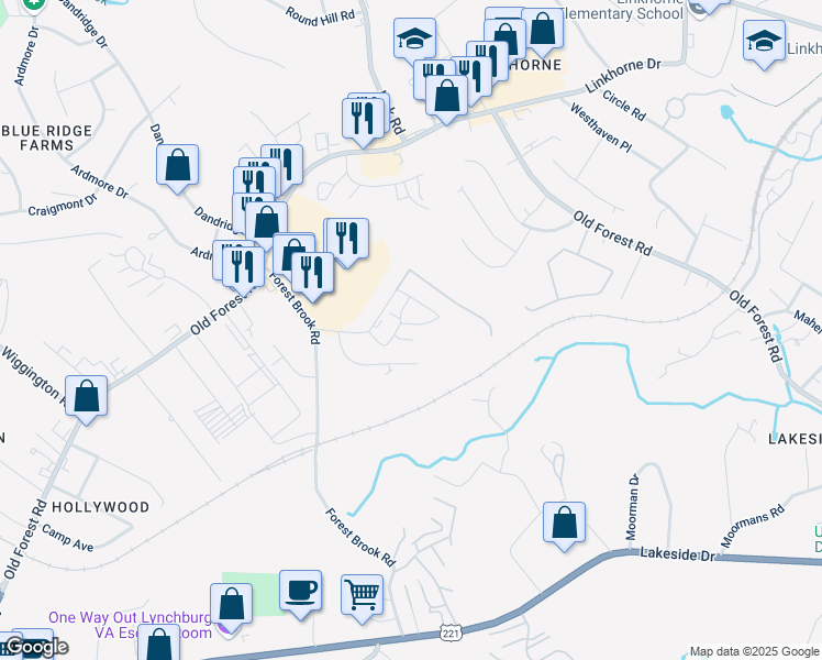 map of restaurants, bars, coffee shops, grocery stores, and more near 11 Westdale Drive in Lynchburg
