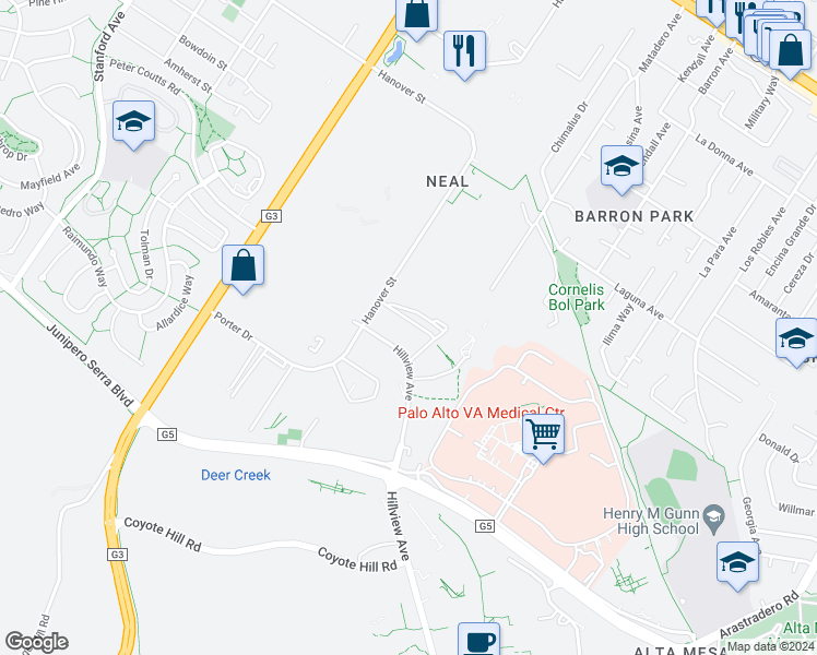 map of restaurants, bars, coffee shops, grocery stores, and more near 3201 Hillview Avenue in Palo Alto