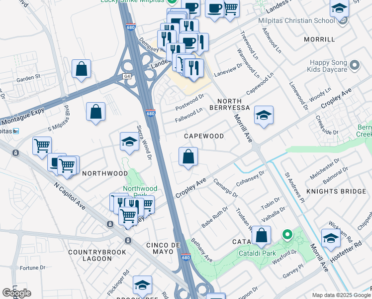map of restaurants, bars, coffee shops, grocery stores, and more near 1964 Camargo Drive in San Jose