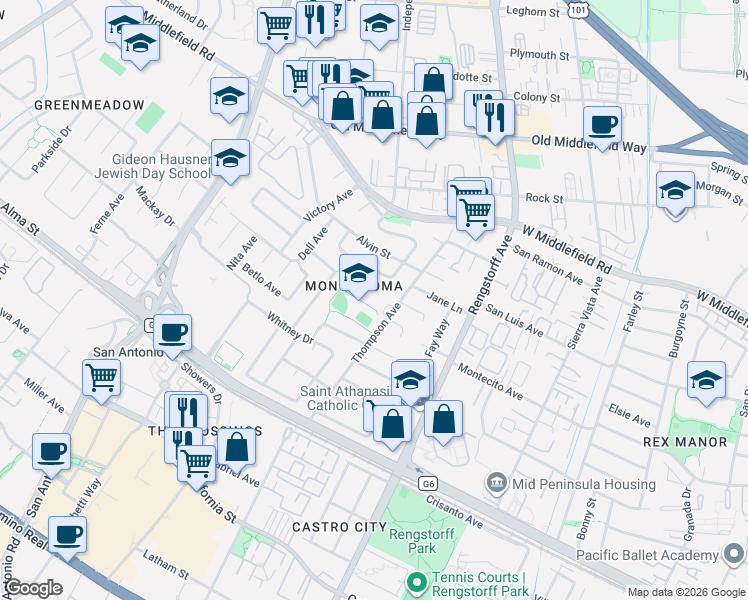 map of restaurants, bars, coffee shops, grocery stores, and more near 460 Thompson Avenue in Mountain View