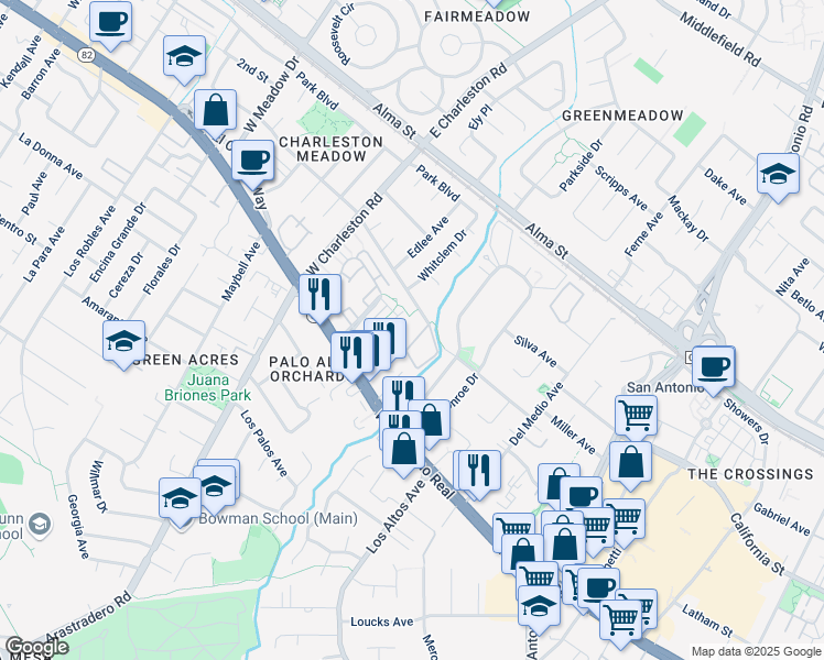 map of restaurants, bars, coffee shops, grocery stores, and more near 4292 Wilkie Way in Palo Alto