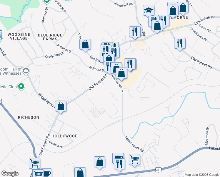 map of restaurants, bars, coffee shops, grocery stores, and more near 106 Holmes Circle in Lynchburg