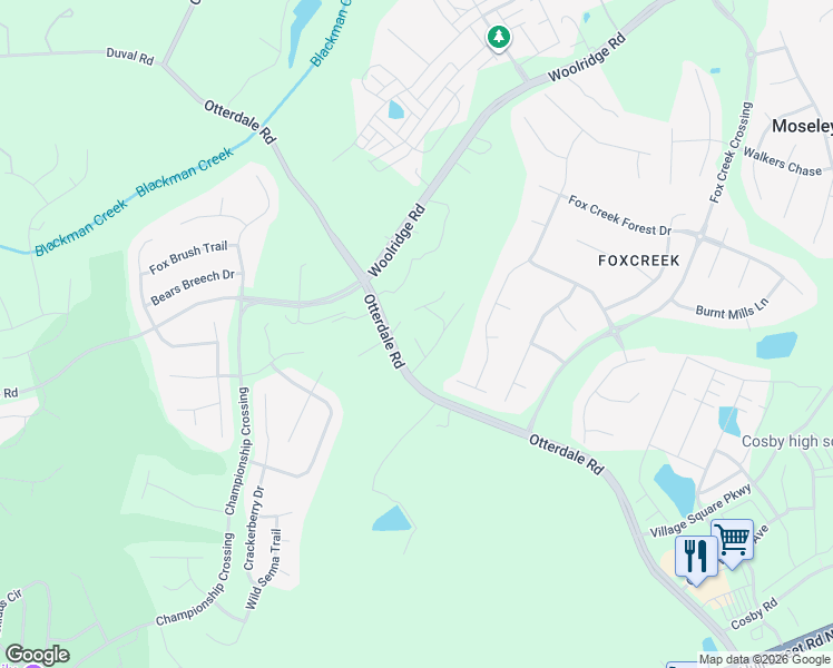 map of restaurants, bars, coffee shops, grocery stores, and more near 6811 Otterdale Road in Moseley