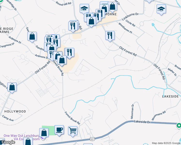 map of restaurants, bars, coffee shops, grocery stores, and more near 303 Belle Terre Drive in Lynchburg