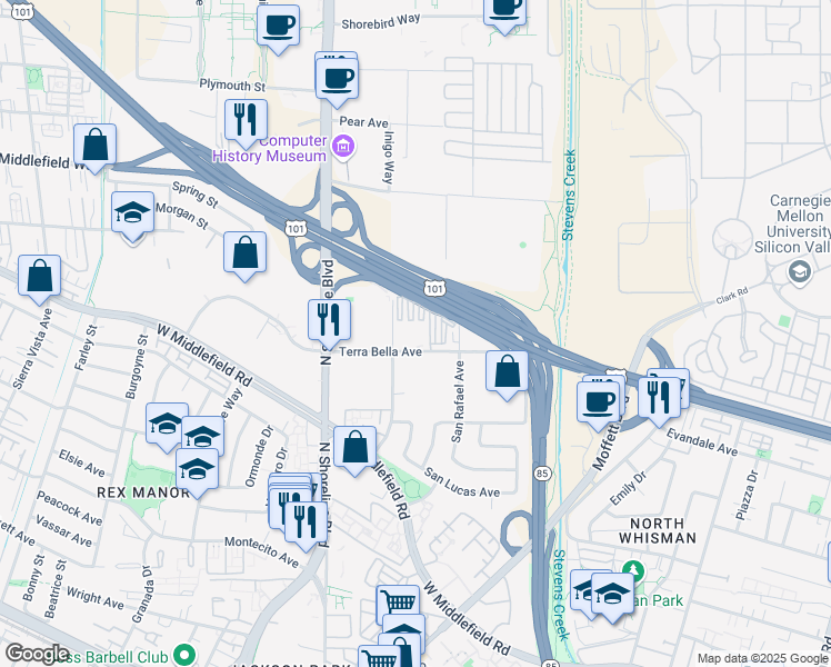 map of restaurants, bars, coffee shops, grocery stores, and more near 1070 Terra Bella Avenue in Mountain View