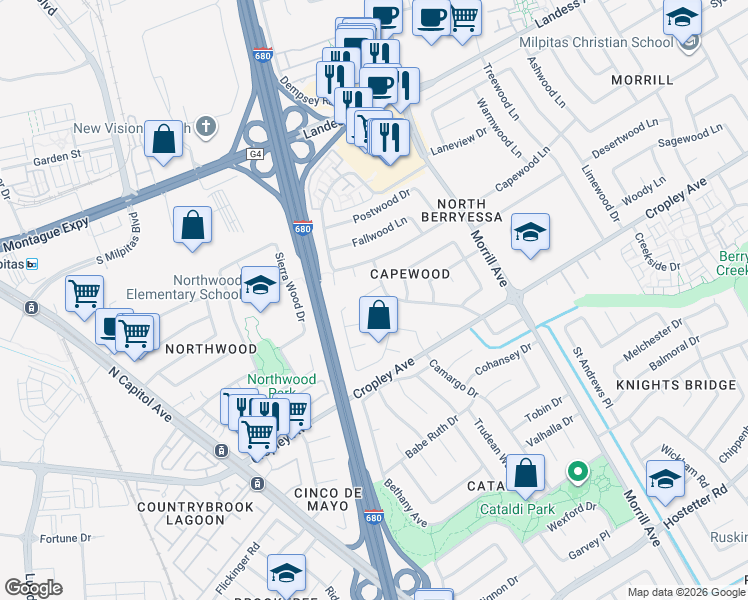 map of restaurants, bars, coffee shops, grocery stores, and more near 1964 Camargo Drive in San Jose