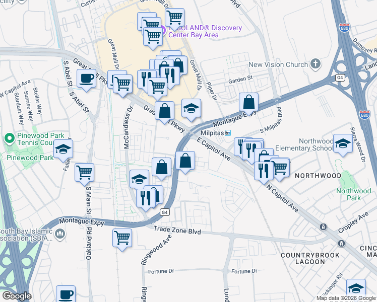 map of restaurants, bars, coffee shops, grocery stores, and more near 1625 Delano Street in Milpitas