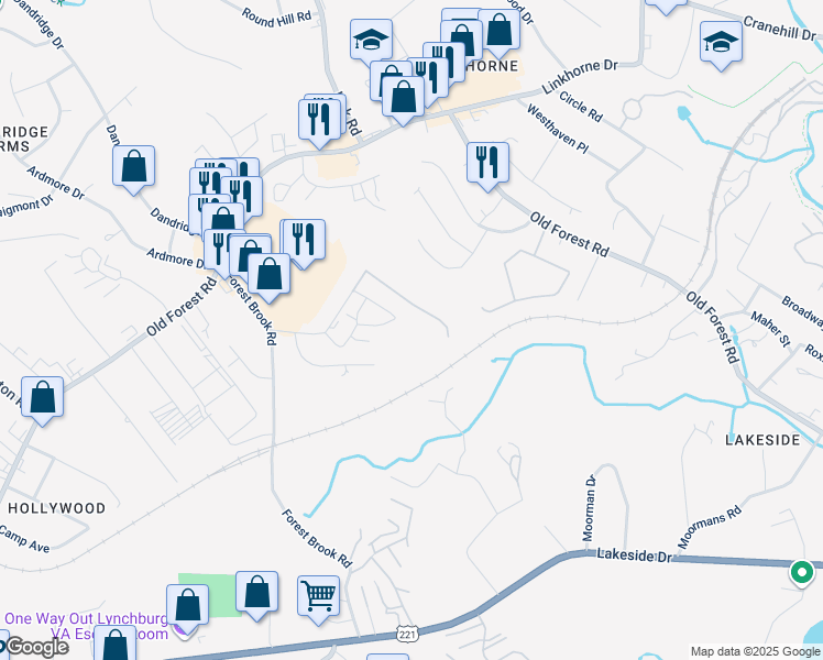 map of restaurants, bars, coffee shops, grocery stores, and more near 308 Belle Terre Drive in Lynchburg