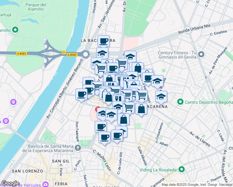 map of restaurants, bars, coffee shops, grocery stores, and more near Calle Playa de la Antilla in Sevilla
