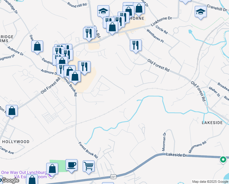 map of restaurants, bars, coffee shops, grocery stores, and more near 308 Belle Terre Drive in Lynchburg