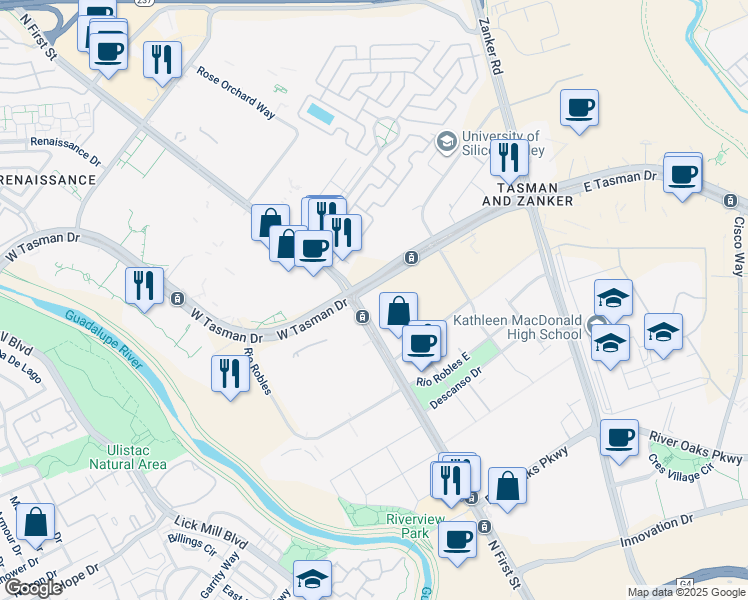 map of restaurants, bars, coffee shops, grocery stores, and more near 3590 North 1st Street in San Jose