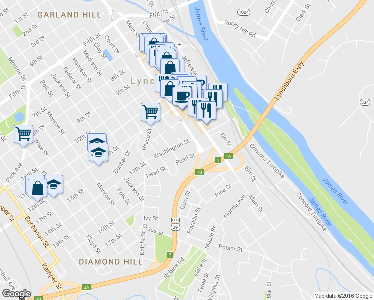 map of restaurants, bars, coffee shops, grocery stores, and more near 316 Washington Street in Lynchburg