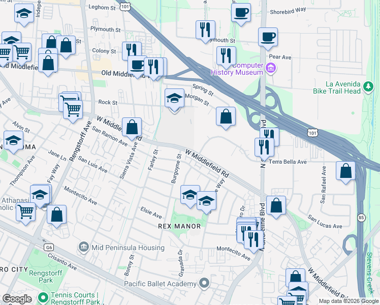 map of restaurants, bars, coffee shops, grocery stores, and more near 1545 West Middlefield Road in Mountain View