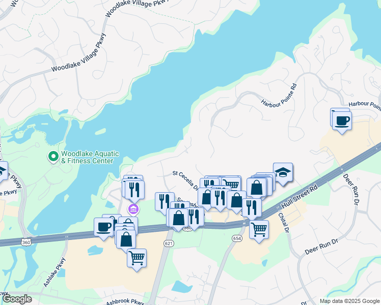 map of restaurants, bars, coffee shops, grocery stores, and more near 14011 Southshore Road in Midlothian