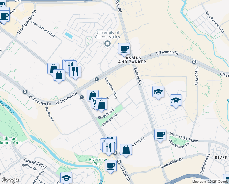 map of restaurants, bars, coffee shops, grocery stores, and more near 100 Baypointe Parkway in San Jose