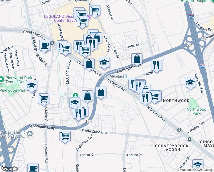 map of restaurants, bars, coffee shops, grocery stores, and more near 1685 Delano Street in Milpitas