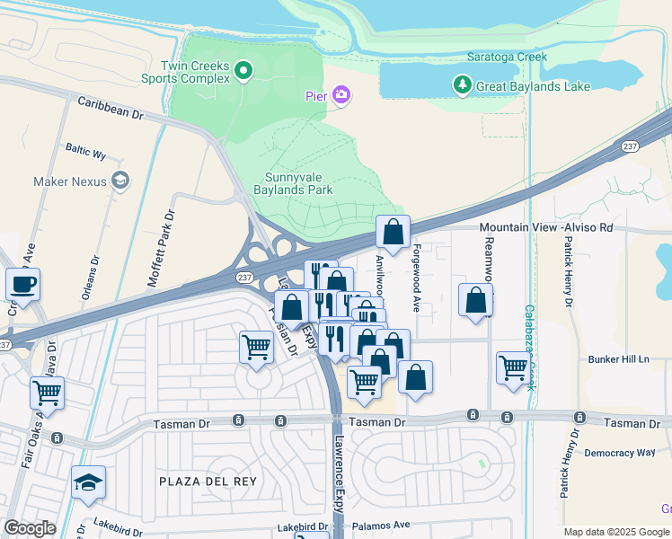 map of restaurants, bars, coffee shops, grocery stores, and more near 105 Lawrence Station Road in Sunnyvale